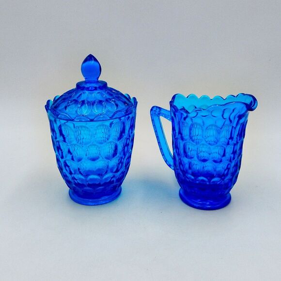 Fenton Glass Colonial Blue Thumbprint Sugar Bowl Creamer Pitcher Lid Set - Picture 5 of 13